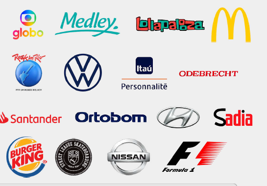 Clientes e parceiros: Globo, Medley, Lollapalooza, McDonald's, Rock in Rio, Volkswagen, Itaú Personnalité, Odebrecht, Santander, Ortobom, Hyundai, Sadia, Burger King, SLS, Nissan, Formula 1